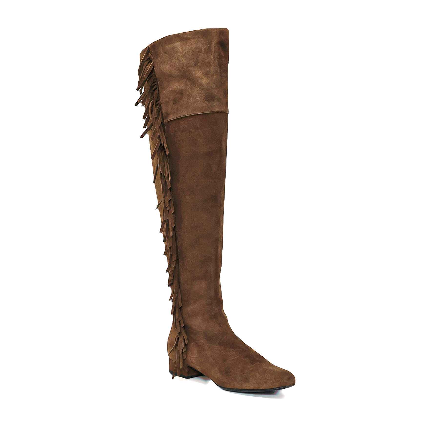 Yves Saint Laurent -  Brown Suede Fringee Detail Long Boots